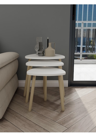 Üçlü Zigon İç İçe Geçmeli Sehpa Beyaz Renk