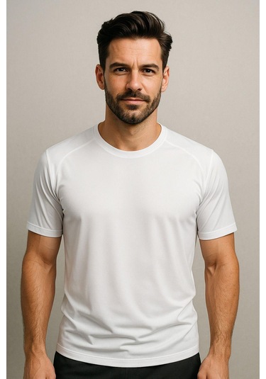 Erkek %100 Pamuk Slim Fit Sporcu Tişört Basic Bisiklet Yaka Kısa Kollu T-shirt Beyaz