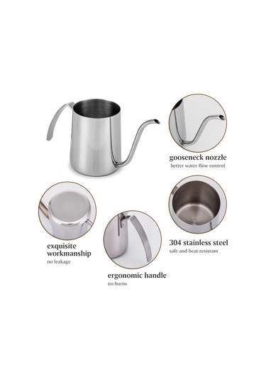 Xiyyadms 350ml Gümüş Renkli 304 Paslanmaz Çelik Kahve Çay Dolu, Hassas Su Akışı Kontrolü, Ergonomik Kollü, Temizliği Kolay Gümüş