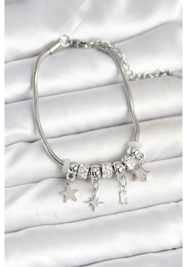 Pirinç Gümüş Renk Kutup Yıldızı Charmlı Kadın Bileklik Çok Renkli