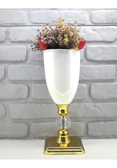 Modern Dekoratif Kristal Taşlı Gold Kare Ayaklı Taşlı Beyaz Vazo Altın - Beyaz