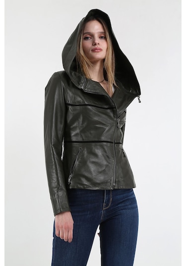 Derinss Dka1125 Hakiki Deri Kadın Yeşil Mont