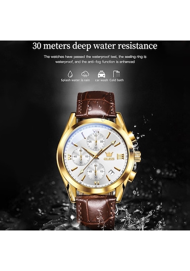 Olevs 2872 Erkekler Üç Göz Altı İğne Kronograf Su Geçirmez Kuvars Saat Beyaz + Altın