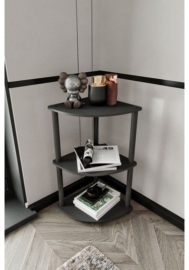 3 Katlı Dekoratif Köşe Kitaplık Siyah Siyah