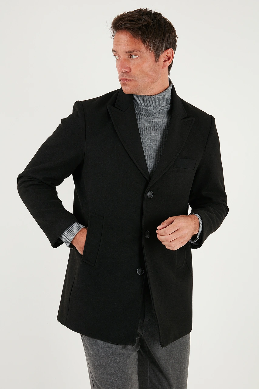 Buratti Slim Fit Apaş Yaka Astarlı Kaşe Erkek Kaban 584K1217 Siyah