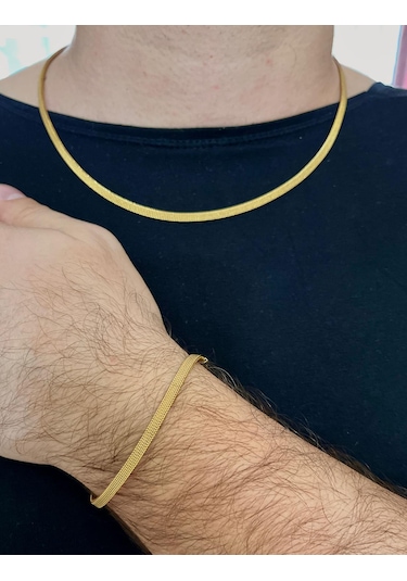 Gold Renk İtalyan Hasır Model 319l Çelik Erkek Kolye&bileklik Set