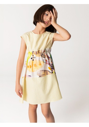 Sheshe Kısa Kollu Pamuklu Sarı Kız Çocuk Elbise Renkli