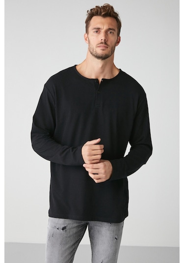 Lorenzo  Erkek Özel Rustik Dokulu %100 Organik Pamuk Düğme Detaylı Regular Siyah Sweatshirt