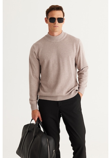 Ac&Co / Altınyıldız Classics Erkek Vizon Standart Fit Normal Kesim Yarım Balıkçı Yaka Pamuklu Triko 4A4921100008VIZS Vizon