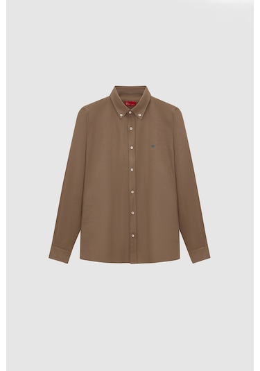 Ds Damat Slim Fit Haki Oxford Düğmeli Yaka Kolay Ütülenebilir Nakış Detaylı Pamuklu Gömlek 4HC02ORT03265 Haki