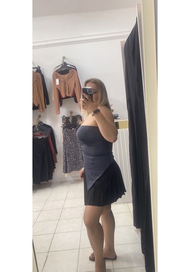 Tuba Toptaş Straplez Bluz Büzgülü Gri