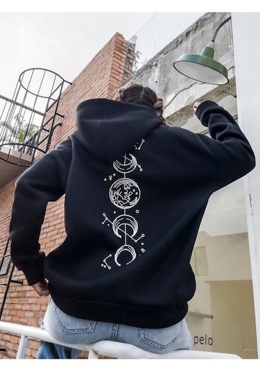 Altamira Unisex Siyah Galaksi Baskılı Oversize Kapşonlu Sweatshirt 001