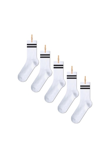 Beyaz Çember Desenli Dört Mevsim Unisex 5'li Uzun Tenis Çorap Seti Çok Renkli