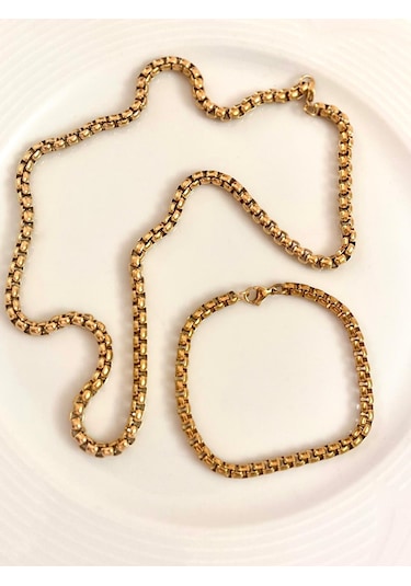 Kalın Zincir Çelik Kararmaz Paslanmaz Gold Kolye Ve Bileklik Set Altın