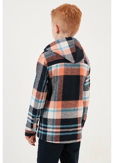 Lela Kapüşonlu Çift Cepli Ekoseli Kışlık Oduncu Erkek Çocuk Gömlek Cf24W81781 Lacivert-Turuncu