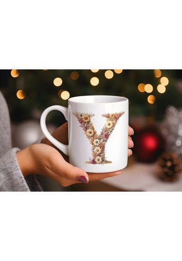 Y Harfi Çiçek Desenli Kupa Bardak - Alfabe Harfleri İle Doğal Çiçekli Kupa - Hediye Fikir Beyaz