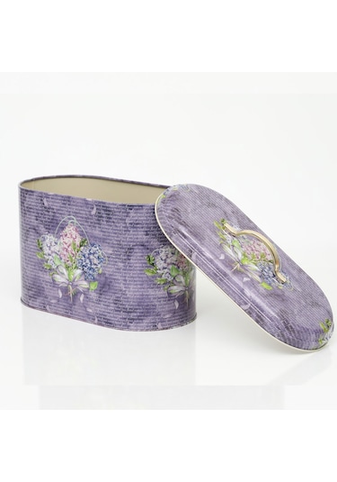Flower Purple Desenli Oval Metal Ekmek Kutusu, 10.4 Lt Lila