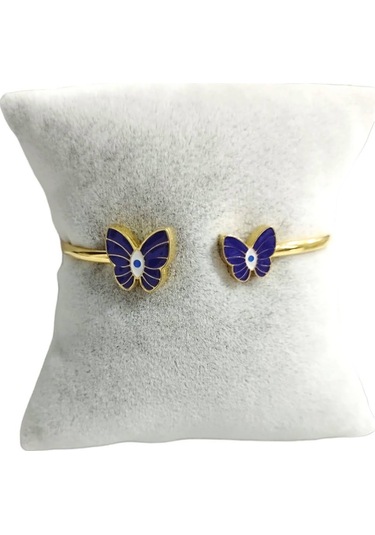 Çelik Mor Kelebek Detaylı Altın Renkli Kararmaz Kadın Bilezik Bileklik Çelik