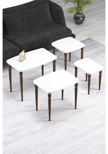 Imaj Mdf Ve Lake Boya, Beyaz 4lü Zigon Sehpa Takımı, Ceviz Gürgen Ayaklar Beyaz