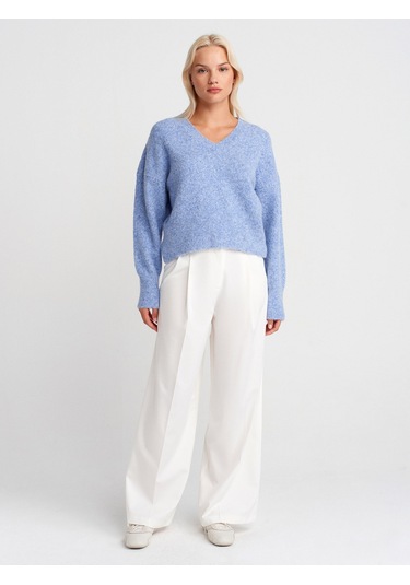 Dilvin 10645 V Yaka Yumuşak Dokulu Triko Kazak-indigo M. İndigo M.