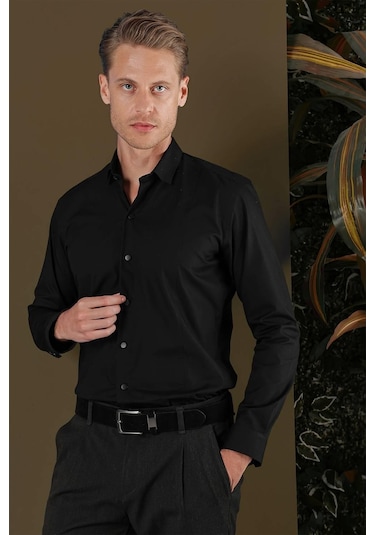 Gk 700 Slim Fit Siyah Klasik Gömlek Siyah
