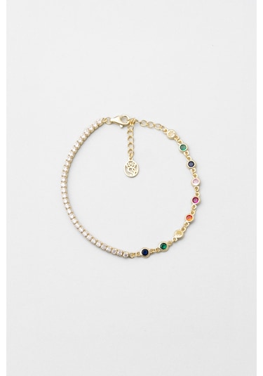 Gökkuşağı 18 Ayar Sarı Altın Kaplama 19 Cm Gümüş Su Yolu Bileklik Sarı