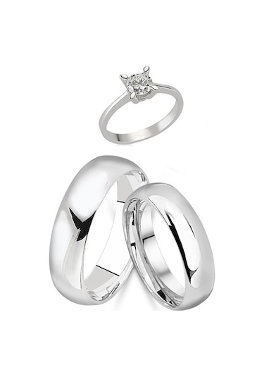 6 Mm Bombeli Gümüş Çift Alyans Söz Yüzüğü Tektaş Hediye Al30