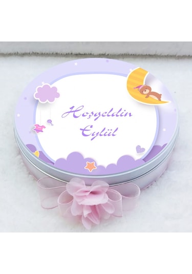 Bebek Çikolatası Mor Baskılı Metal Kutuda Uv Baskılı Madlen Çikol