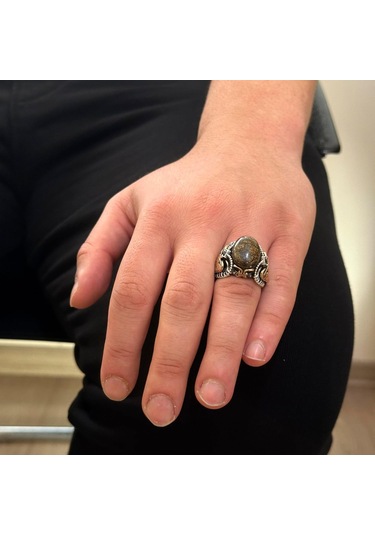 El Yapımı Gerçek Doğal Bronzit Taş Yüzük, 925 Ayar Katı Gümüş Erkek Yüzüğü Gümüş
