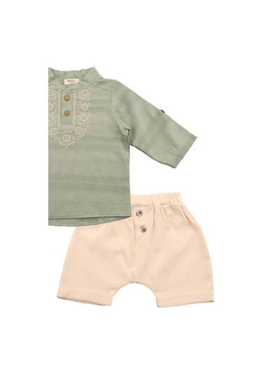 Düğme Detaylı Erkek Bebek Takım Yeşil Bipamuk 001