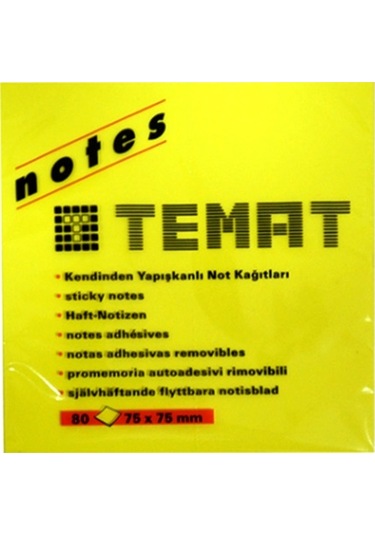 Temat Yapışkanlı Not Kağıdı 75x75 80 Yaprak Sarı - 2 Adet
