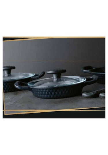 Leony 6 Parça Cam Kapaklı Sahan Tava Seti 18 CM-20 CM-22 CM Siyah Döküm