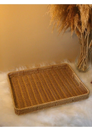 Hasır Rattan Örme Tepsi Geniş Boy Dikdörtgen Diğer