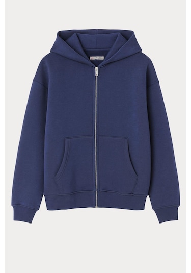 Mixray 2023 Unisex 3iplik Basic Polarlı Fermuarlı Sweatshirt Hoodie İndigo
