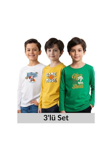 Erkek Çocuk Bisiklet Yaka Baskı Detaylı 3'lü Basic Sweatshirt Çok Renkli