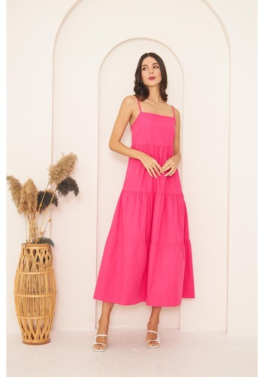 Fuşya İnce Askılı Katlı Elbise Dm1034 Fuşya