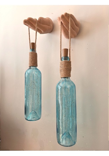 El Figürlü Duvar Lambası Pilli Led Işıklı Dekoratif Mavi Boyalı Cam Şişe Aydınlatma Vintage El Y Mavi