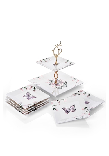 Piatti Naturali İkram Seti Kelebek Çift Katlı Sunum Tabağı & 6 Lı Tatlı Tabağı
