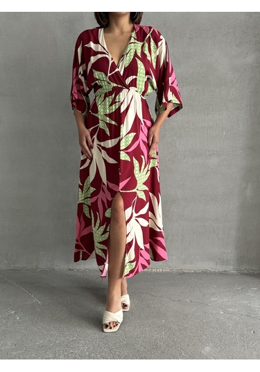 Kadın Kruvaze Yaka Yırtmaçlı Uzun Yazlık Elbise Bordo