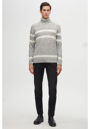 Ds Damat Regular Fit Gri Melanj Çizgili Tüylenme Yapmayan Tam Balıkçı Yaka Triko Kazak 3hc0618ortckzk Gri Melanj