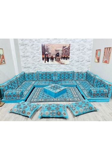 Coton Şark Köşesi Otantik Desenli Lüks Minder Takımı Konsept 19 Parça Turkuaz Turkuaz