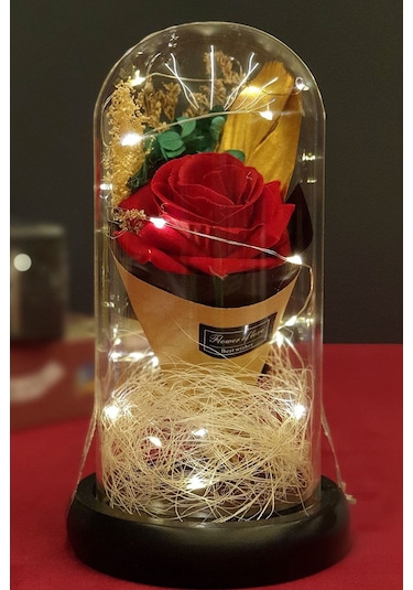 Led Işıklı Fanus İçerisinde Hediyelik Gül Sevgiliye Özel Hediye Led Işıklı Solmayan Gül