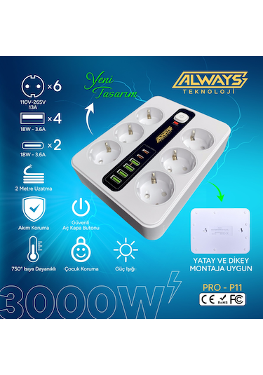 Akım Korumalı 6'lı Grup Priz 4 Usb'li Ve 2 Type-c Li 6'lı Grup Priz 2 M Kablo Çocuk Korumalı 2 M