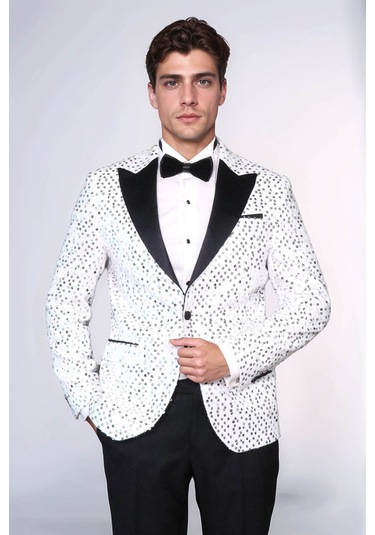 Pul Desenli Beyaz Damatlık Ceket - Wessi White