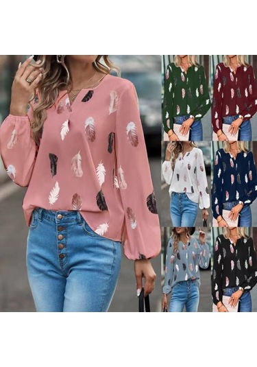 Moda Kadın Bluz Gömlek Kadınlar İçin Şık Üst Uzun Kollu Tüy Desenli Kadın Üstleri Zarif Şifon Kadın Giyim Şarap Kırmızısı