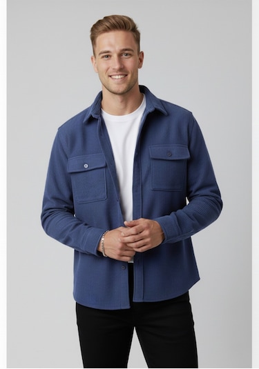 Deepsea Mavi Cepli Likralı Kadife Kumaş Rahat Kesim Erkek Gömlek Yumuşak Dokulu, Şık Tasarım Gömlek 2600759 Mavi