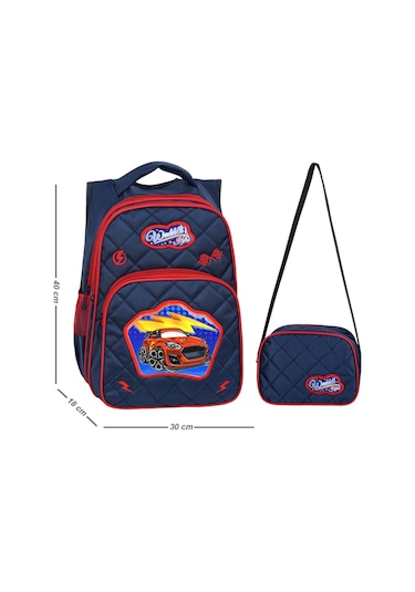 Waddell Lisanslı Araba Desenli Emboss İlköğretim Okul Sırt Çantası Ve Beslenme Çantası