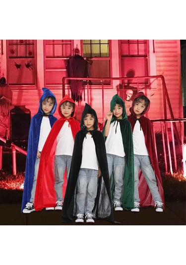 Hangfox Çocuklar İçin L 110cm Bordo Yumuşak Kadife Şapkalı Palto - Halloween Kostümü, Cosplay Partisi, Rol Oynama Aleti Unisex