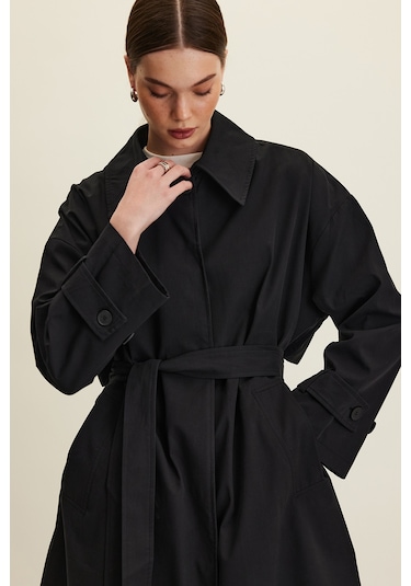 Kemerli Oversize Gabardin Trençkot Siyah Siyah