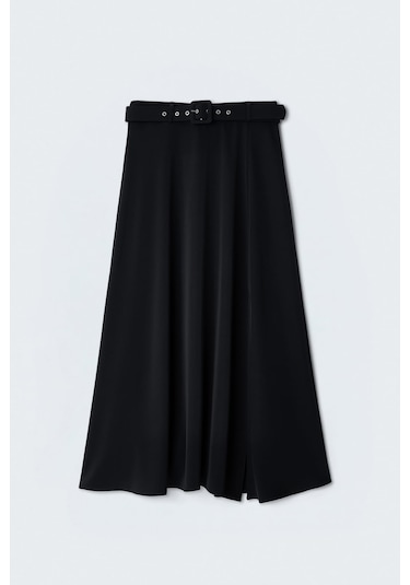 Sateen Kemerli Yırtmaç Detaylı Kloş Etek - Siyah-137415